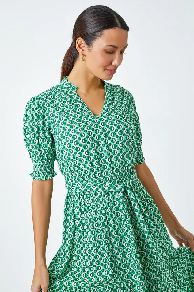 Green Geometric Tiered Belted Midi Dress Women Roman Dresses