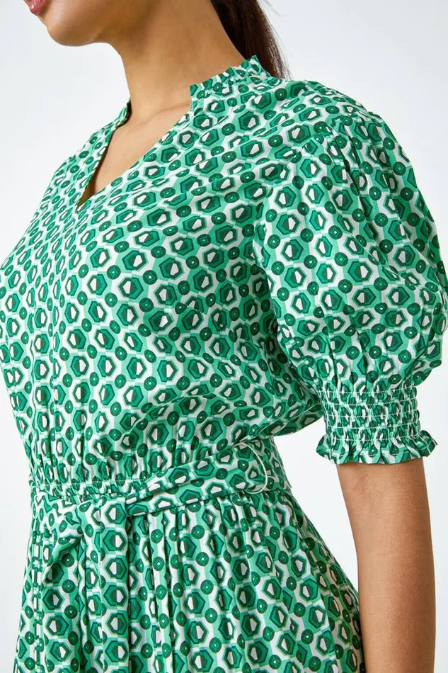 Green Geometric Tiered Belted Midi Dress Women Roman Dresses