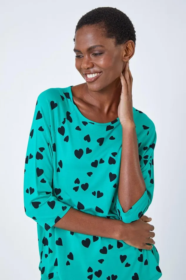 Green Heart Print Blouson Top Women Roman Tops