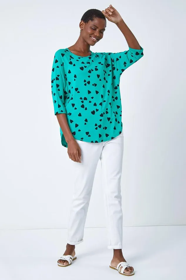 Green Heart Print Blouson Top Women Roman Tops