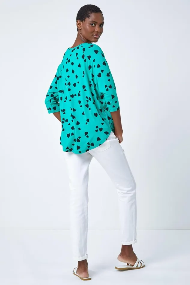Green Heart Print Blouson Top Women Roman Tops