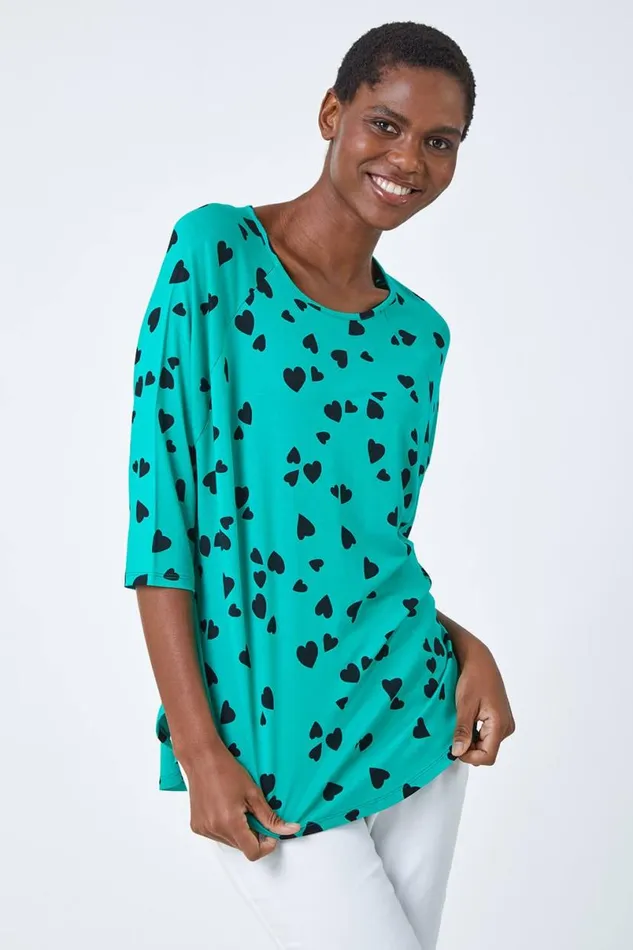 Green Heart Print Blouson Top Women Roman Tops