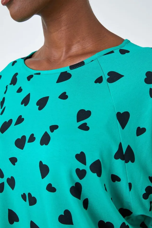 Green Heart Print Blouson Top Women Roman Tops