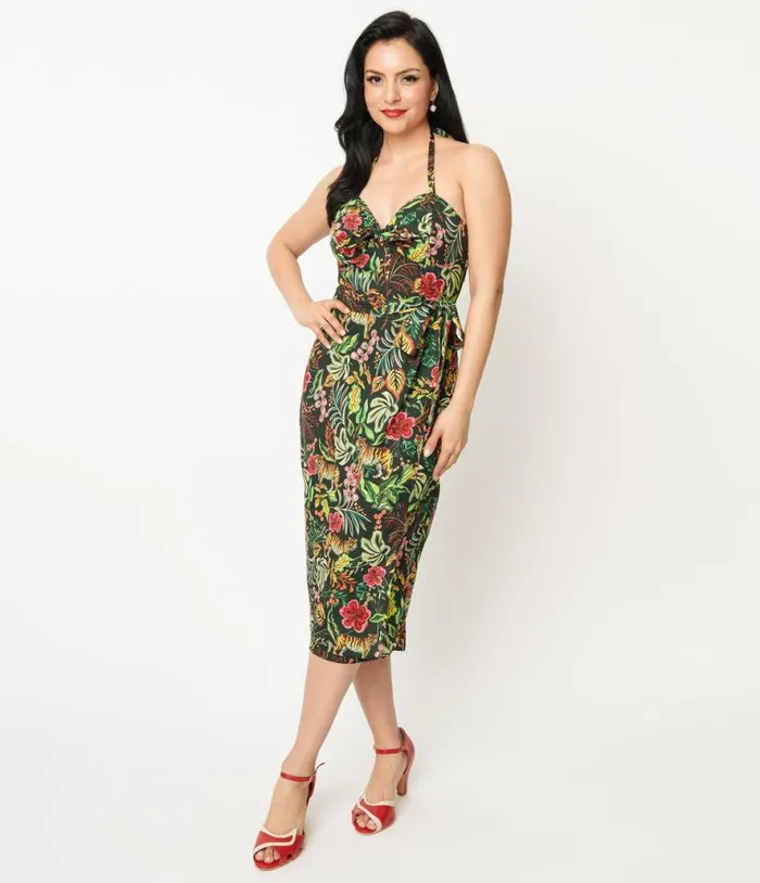 Green Jungle Cat Print Leilani Sarong Dress Dresses Unique Vintage Pencil