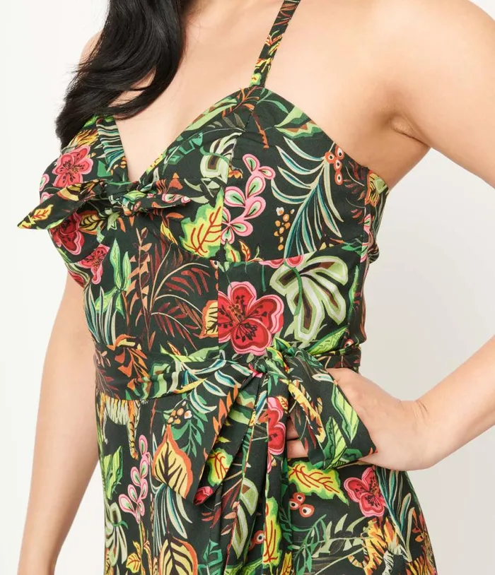 Green Jungle Cat Print Leilani Sarong Dress Dresses Unique Vintage Pencil
