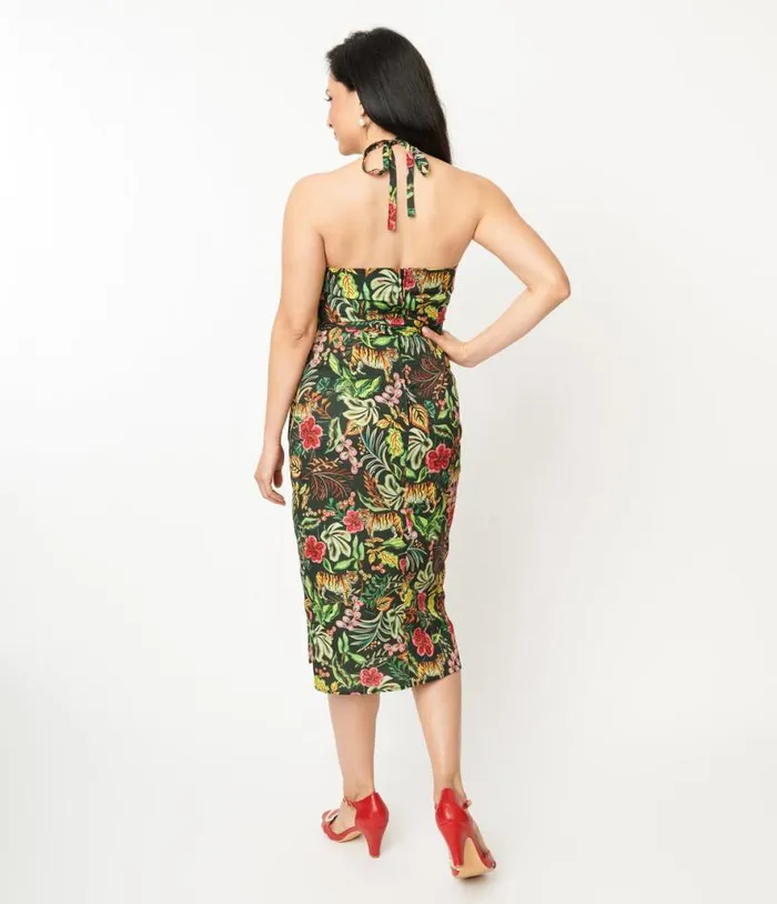 Green Jungle Cat Print Leilani Sarong Dress Dresses Unique Vintage Pencil