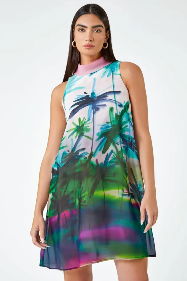 Green LIMITED Tropical High Neck Chiffon Shift Dress Women Roman Dresses
