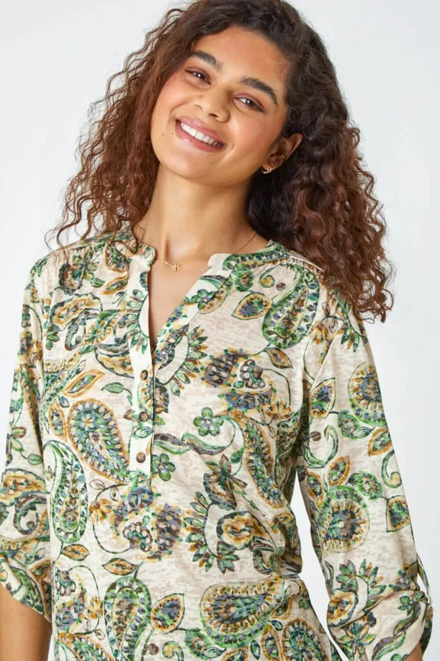 Green Paisley VNeck Stretch Jersey Top Women Roman Tops