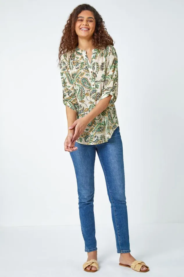 Green Paisley VNeck Stretch Jersey Top Women Roman Tops