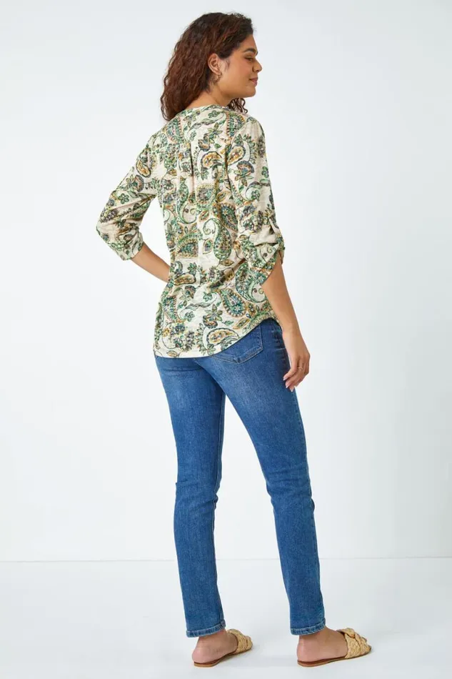 Green Paisley VNeck Stretch Jersey Top Women Roman Tops