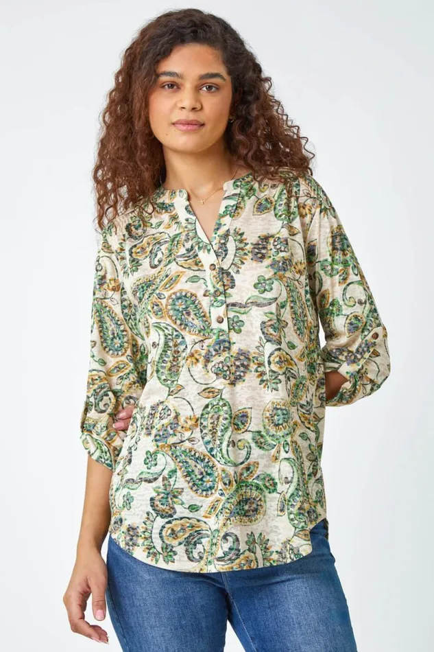 Green Paisley VNeck Stretch Jersey Top Women Roman Tops