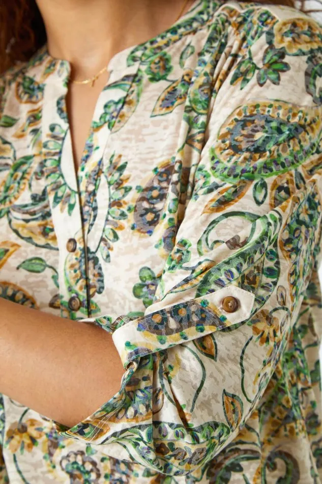 Green Paisley VNeck Stretch Jersey Top Women Roman Tops