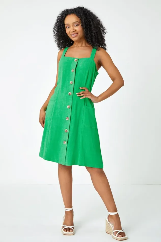 Green Petite Button Front Pocket Dress Women Roman Dresses