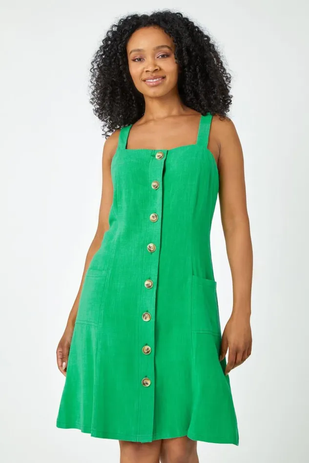 Green Petite Button Front Pocket Dress Women Roman Dresses