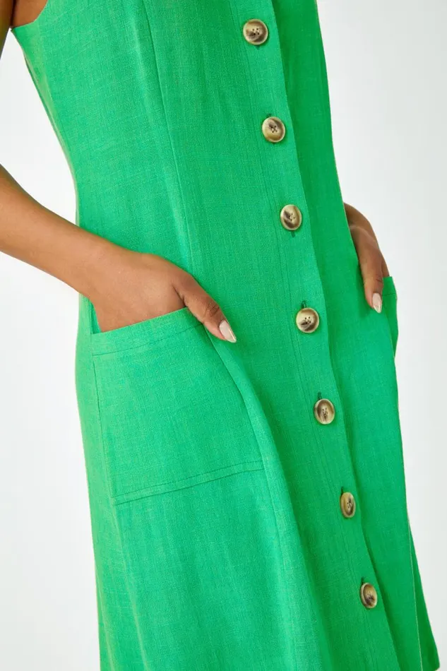Green Petite Button Front Pocket Dress Women Roman Dresses