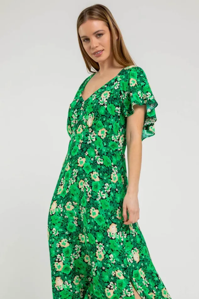 Green Petite Ditsy Floral Print Maxi Dress Women Roman Dresses