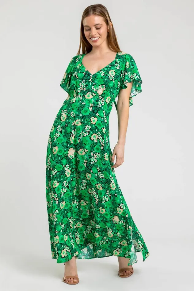 Green Petite Ditsy Floral Print Maxi Dress Women Roman Dresses