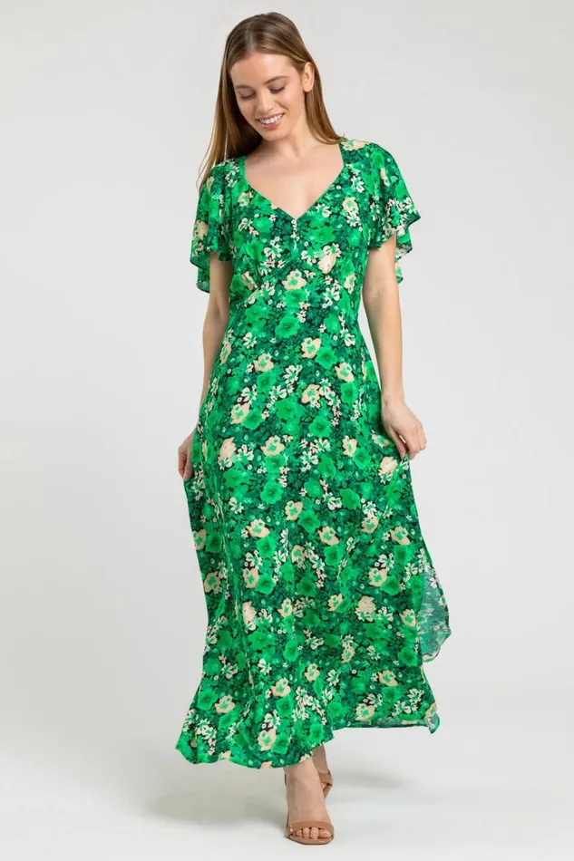 Green Petite Ditsy Floral Print Maxi Dress Women Roman Dresses