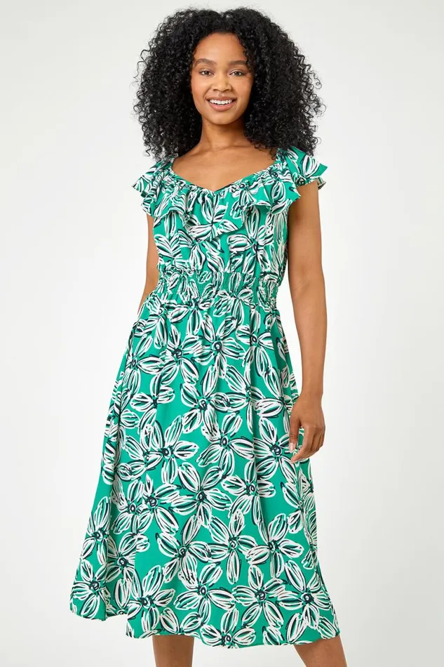 Green Petite Floral Shirred Waist Dress Women Roman Dresses