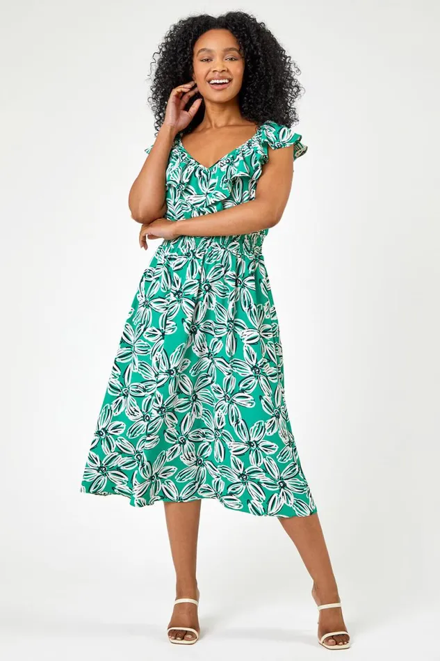 Green Petite Floral Shirred Waist Dress Women Roman Dresses
