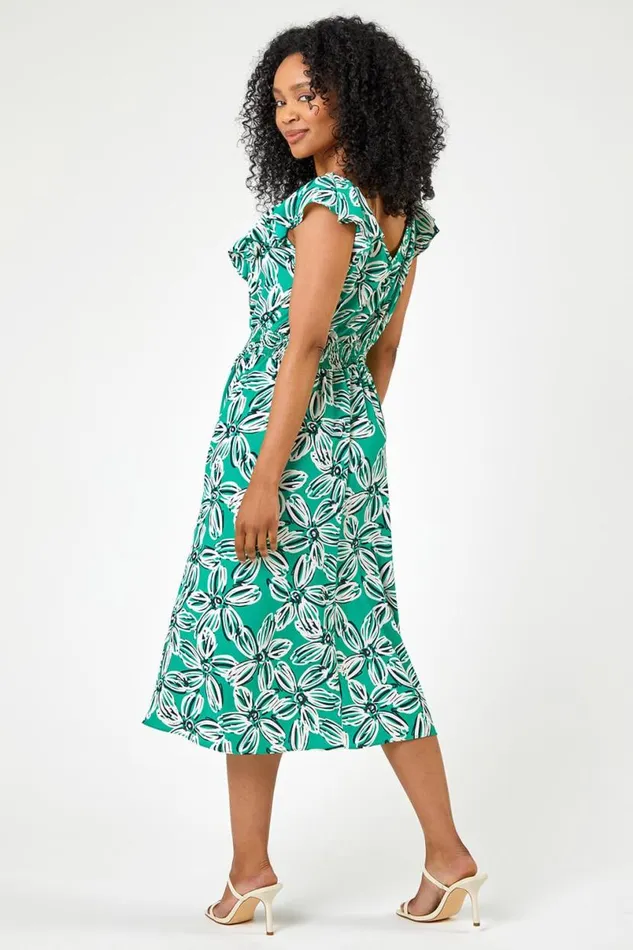 Green Petite Floral Shirred Waist Dress Women Roman Dresses