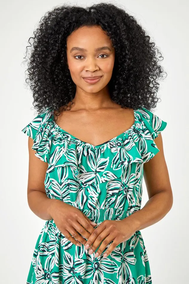 Green Petite Floral Shirred Waist Dress Women Roman Dresses