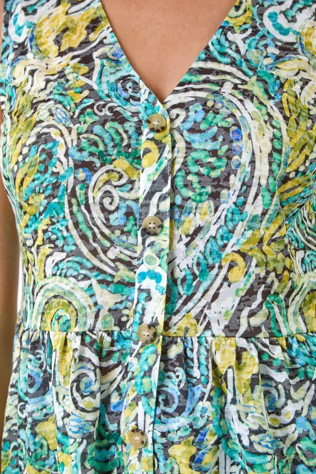 Green Petite Paisley Print Stretch Peplum Top Women Roman Tops