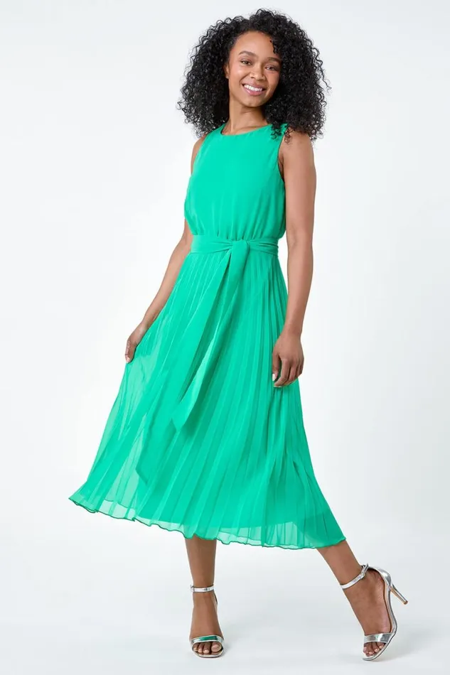 Green Petite Pleated Chiffon Midi Dress Women Roman Dresses