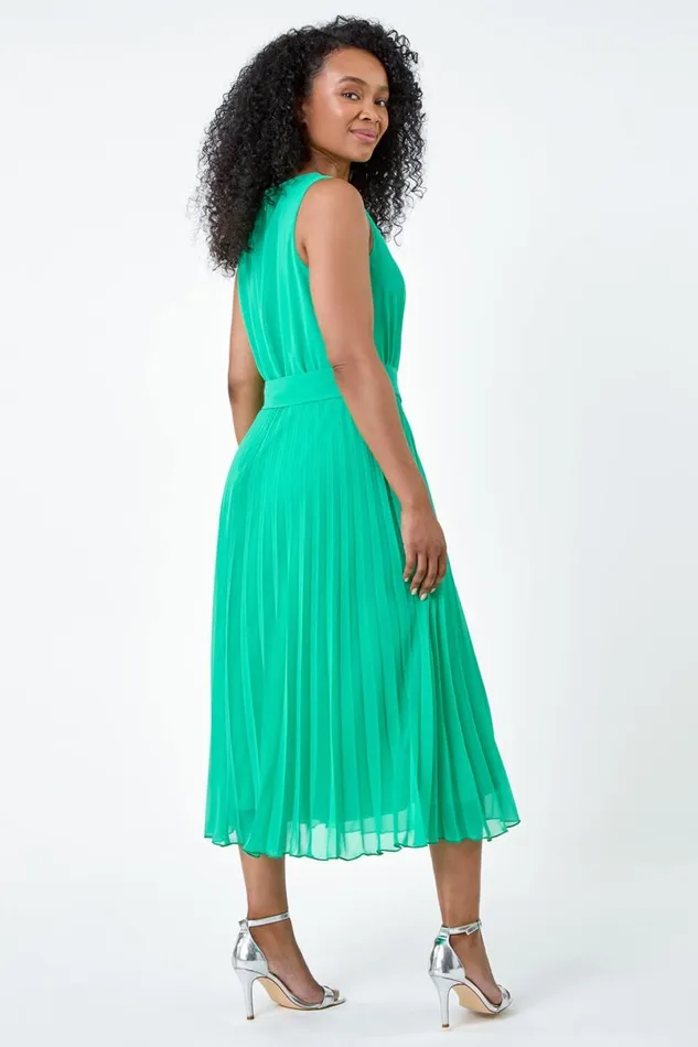 Green Petite Pleated Chiffon Midi Dress Women Roman Dresses