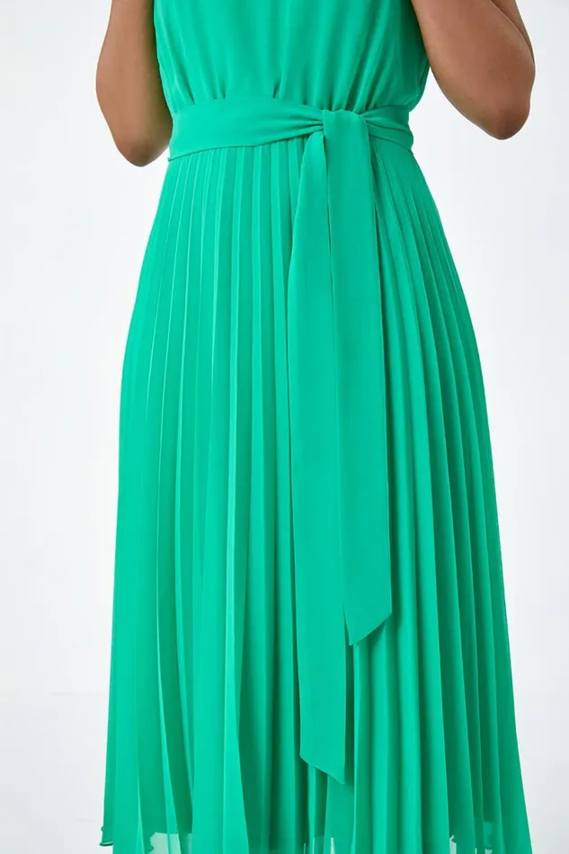 Green Petite Pleated Chiffon Midi Dress Women Roman Dresses