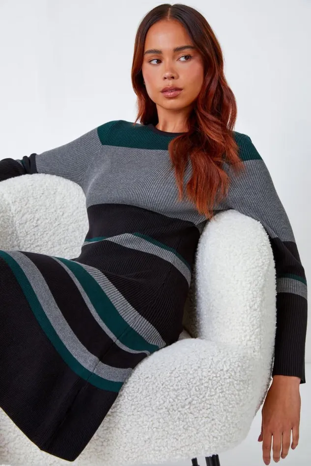 Green Petite Stripe Stretch Knit Dress Women Roman Dresses