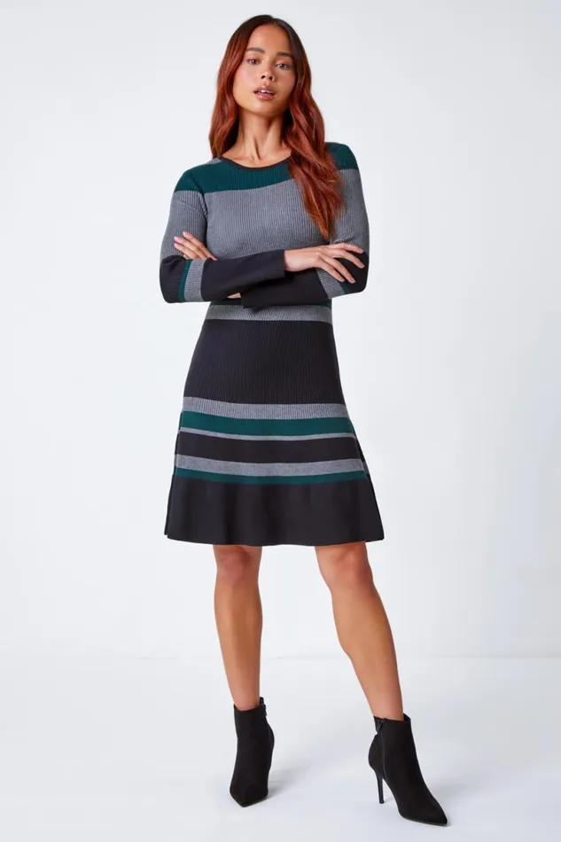 Green Petite Stripe Stretch Knit Dress Women Roman Dresses