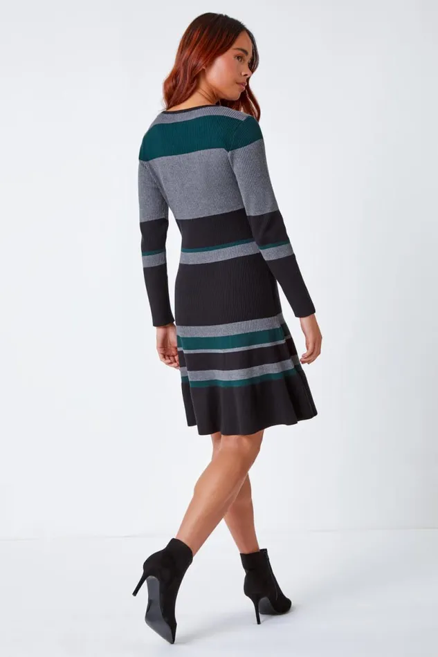 Green Petite Stripe Stretch Knit Dress Women Roman Dresses