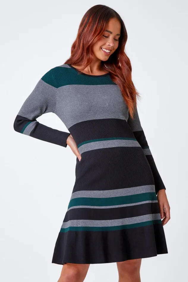 Green Petite Stripe Stretch Knit Dress Women Roman Dresses