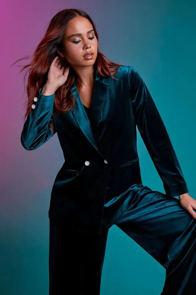 Green Petite Wide Leg Velvet Stretch Trouser Women Roman Dresses