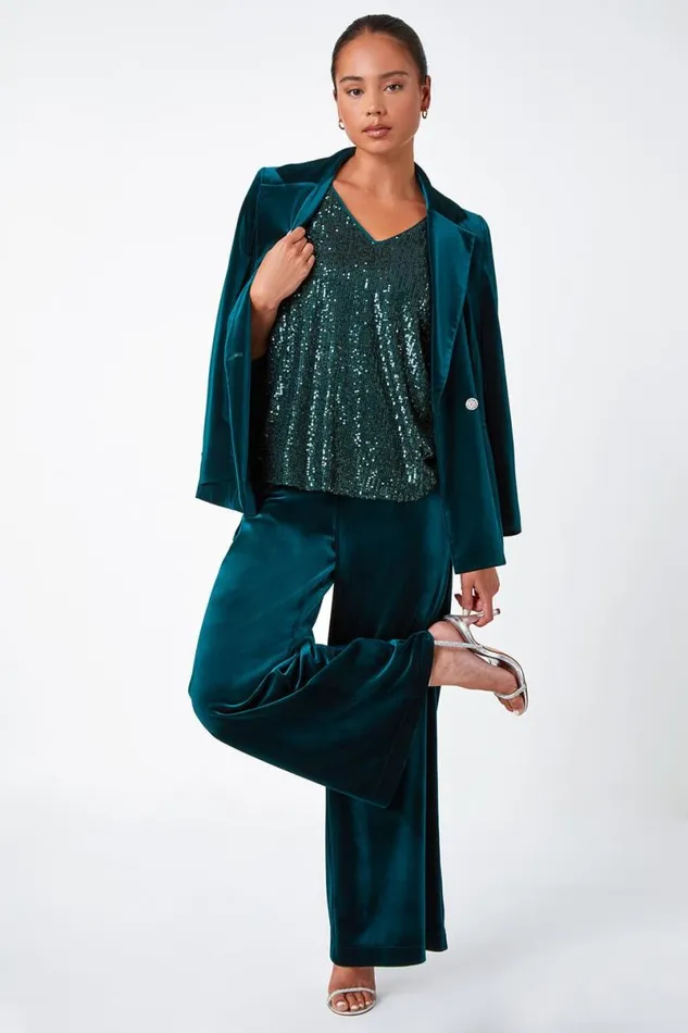 Green Petite Wide Leg Velvet Stretch Trouser Women Roman Dresses