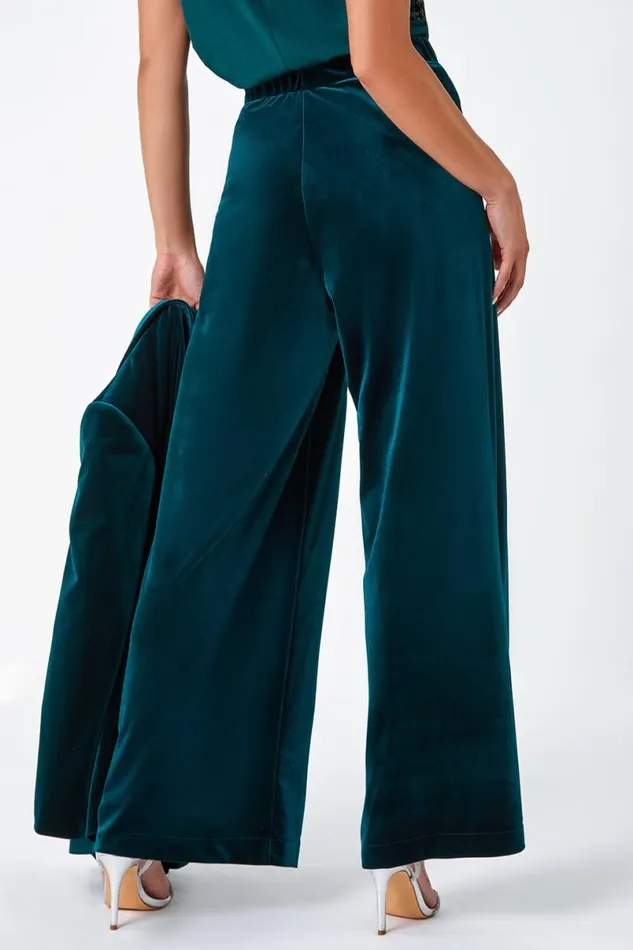Green Petite Wide Leg Velvet Stretch Trouser Women Roman Dresses