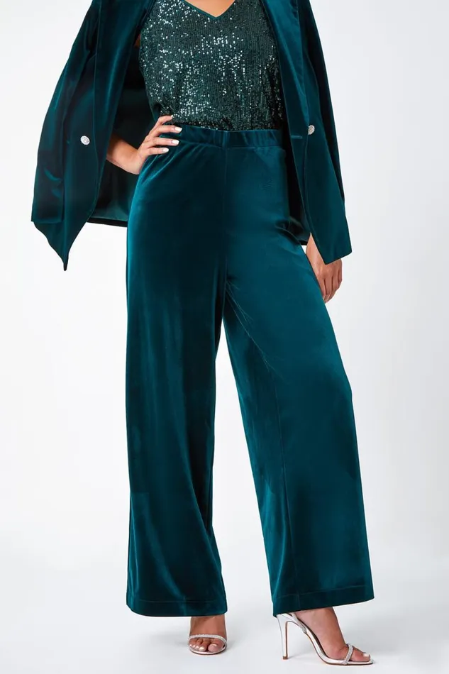 Green Petite Wide Leg Velvet Stretch Trouser Women Roman Dresses