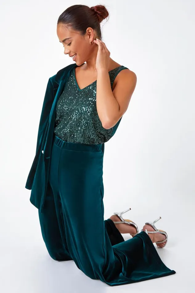 Green Petite Wide Leg Velvet Stretch Trouser Women Roman Dresses