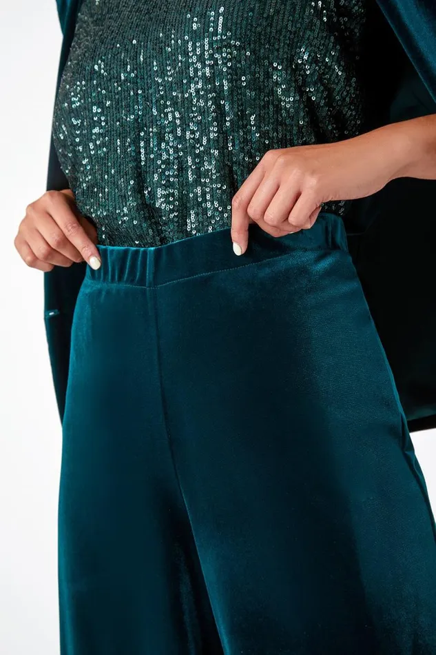 Green Petite Wide Leg Velvet Stretch Trouser Women Roman Dresses