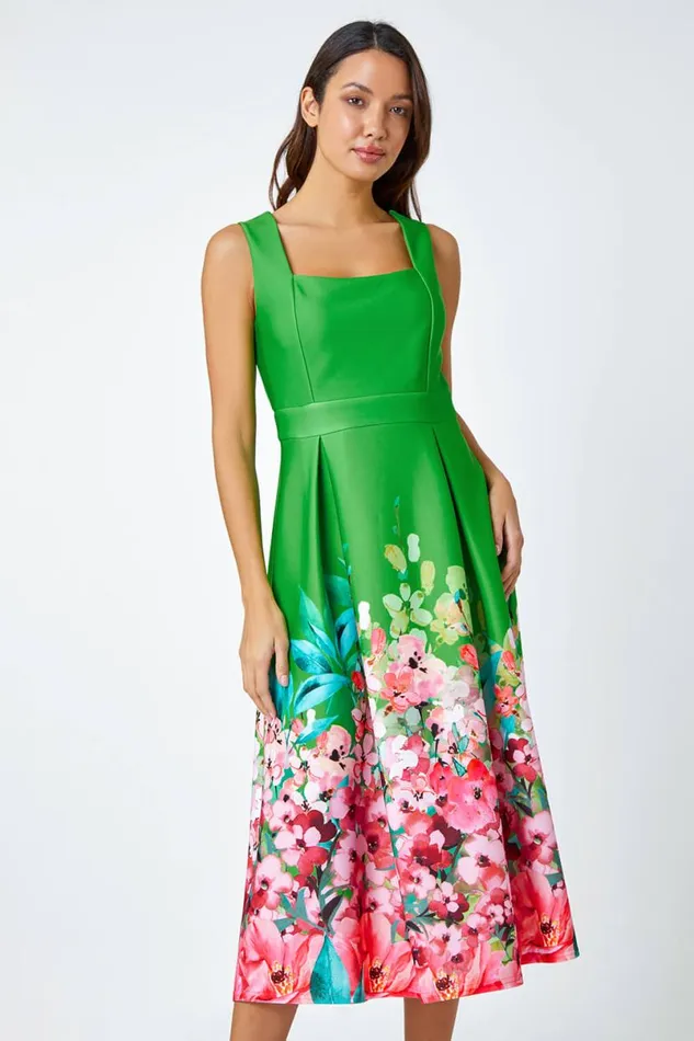 Green Premium Stretch Floral Midi Dress Women Roman Dresses