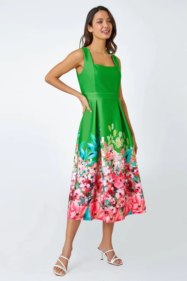 Green Premium Stretch Floral Midi Dress Women Roman Dresses