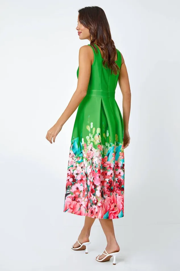 Green Premium Stretch Floral Midi Dress Women Roman Dresses