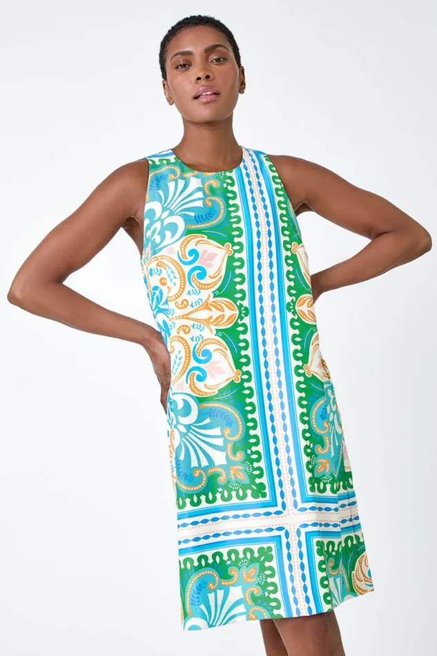 Green Scarf Print Satin Feel Shift Dress Women Roman Dresses