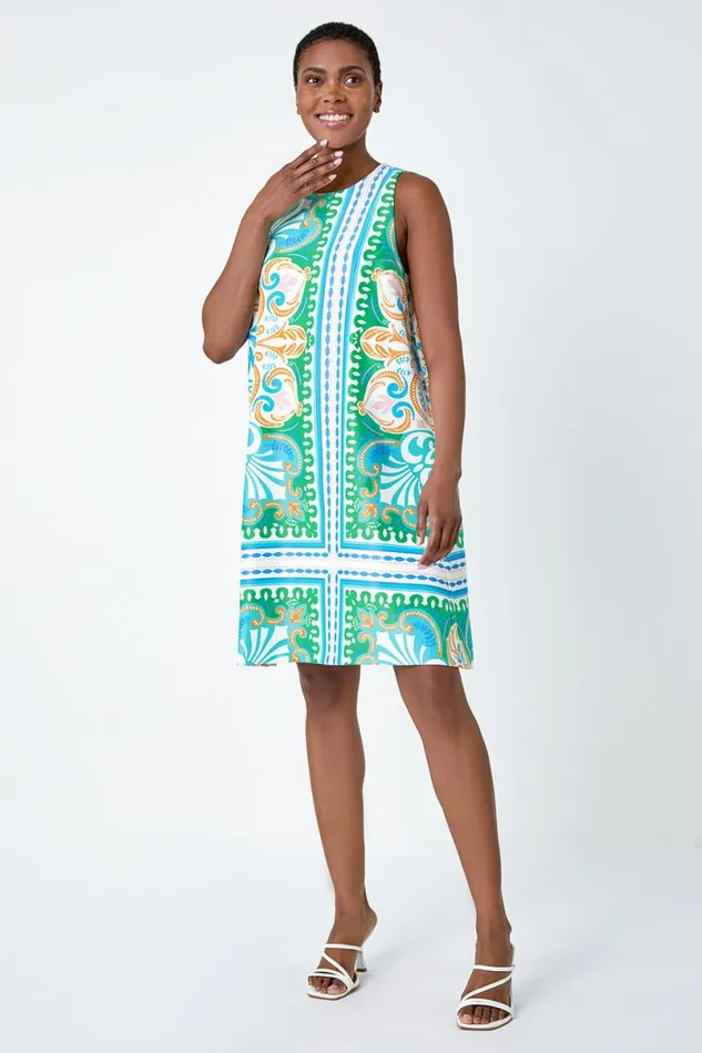 Green Scarf Print Satin Feel Shift Dress Women Roman Dresses