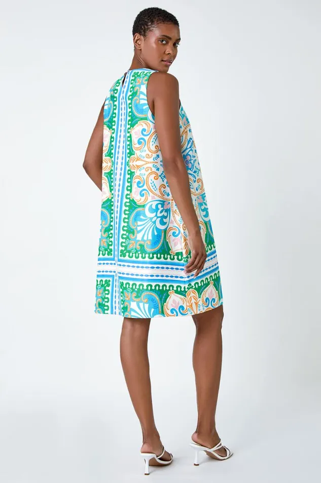 Green Scarf Print Satin Feel Shift Dress Women Roman Dresses