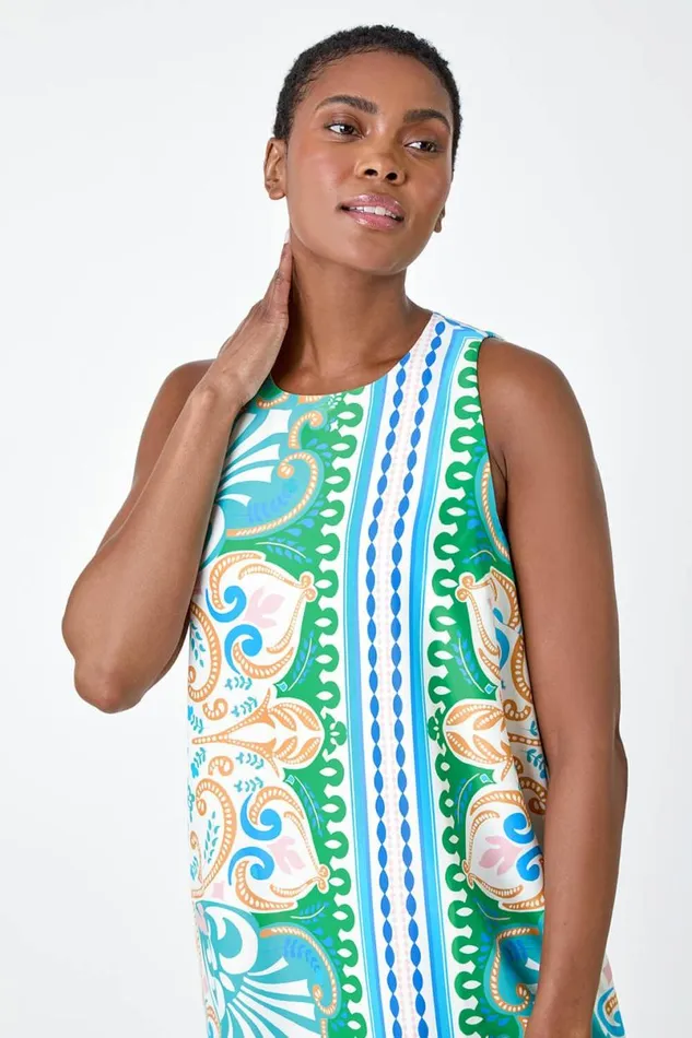 Green Scarf Print Satin Feel Shift Dress Women Roman Dresses