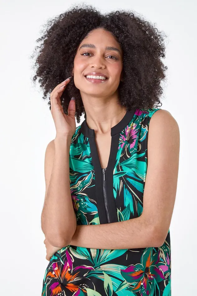 Green Sleeveless VNeck Tropical Print Zip Top Women Roman Tops