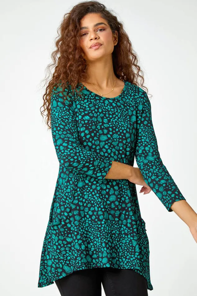 Green Spot Print Swing Stretch Top Women Roman Tops