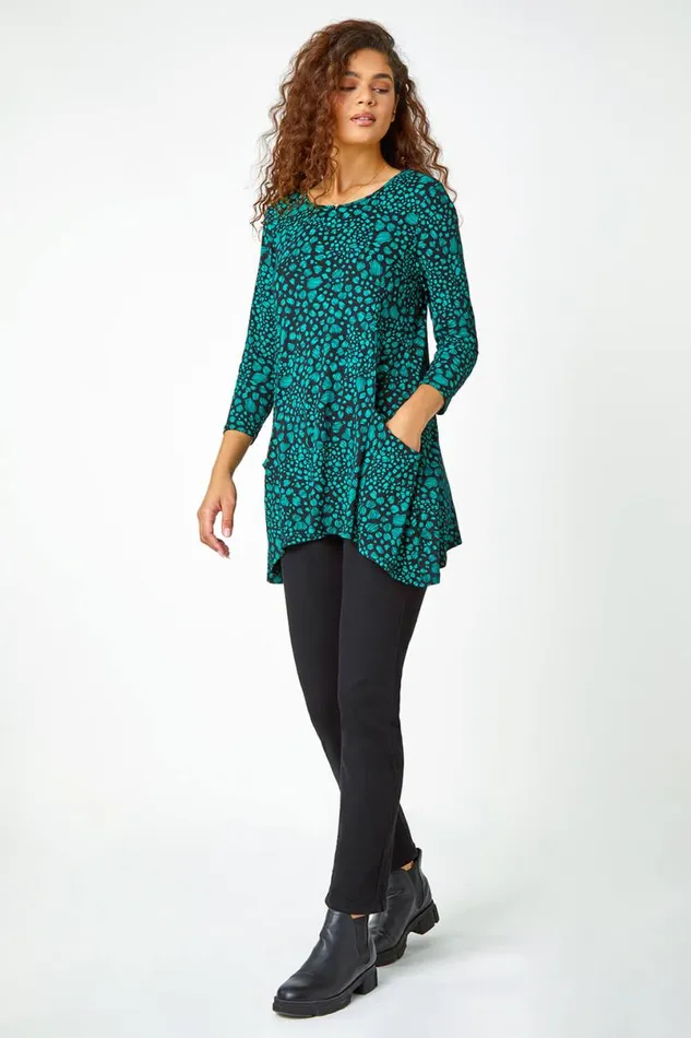 Green Spot Print Swing Stretch Top Women Roman Tops